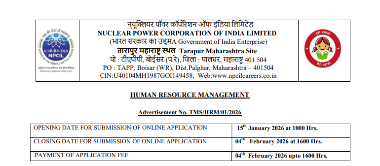 NPCIL TARAPUR Recruitment 2026 pdf